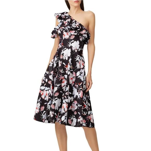 Jason Wu Floral One Shoulder Midi Dress 0 Black Wedding Guest Event Cocktail - Picture 1 of 12